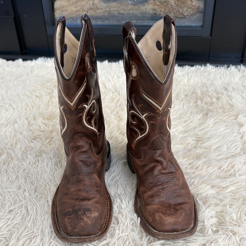Kids Old West Brown Leather Square Toe Cowboy Boots Size 2.5 D Western Riding